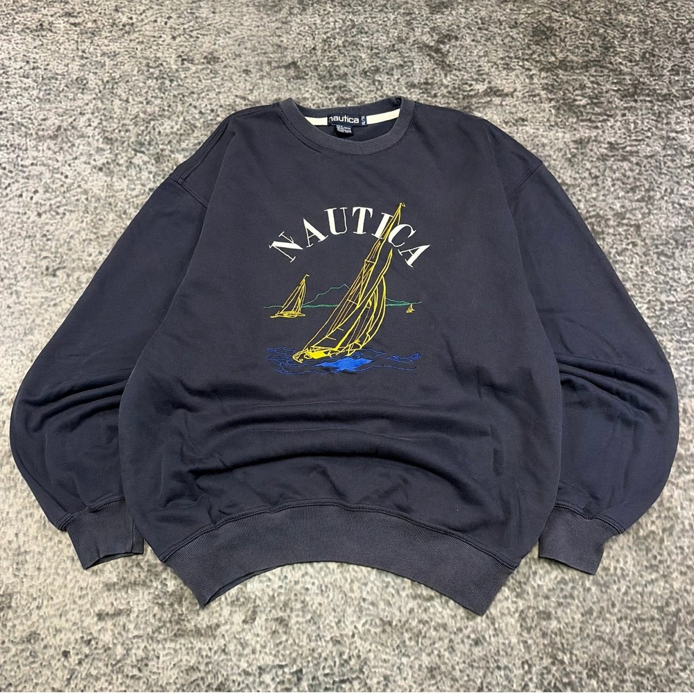 Vintage 90s Nautica Crewneck Sweatshirt Mens XL Navy Blue Embroidered Sailboat